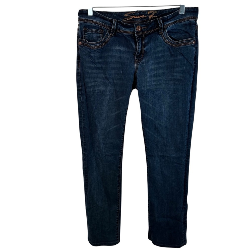 Seven7 Jeans Blue Skinny Low Rise Denim Jeweled Back Pocket Creased Wash Size 8